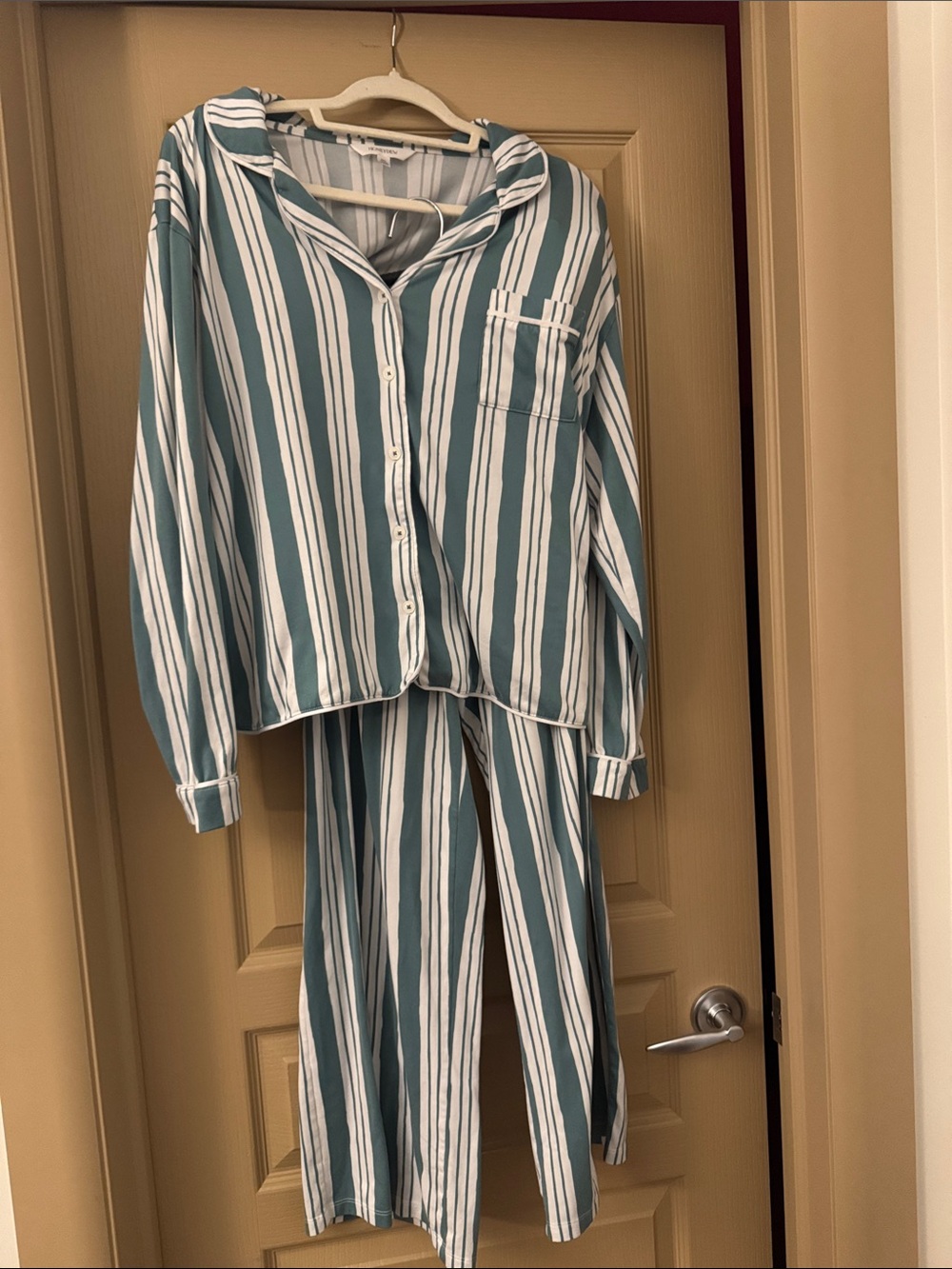 Striped Green and White Pajama Set - Classic Button-Up with drawstring pants